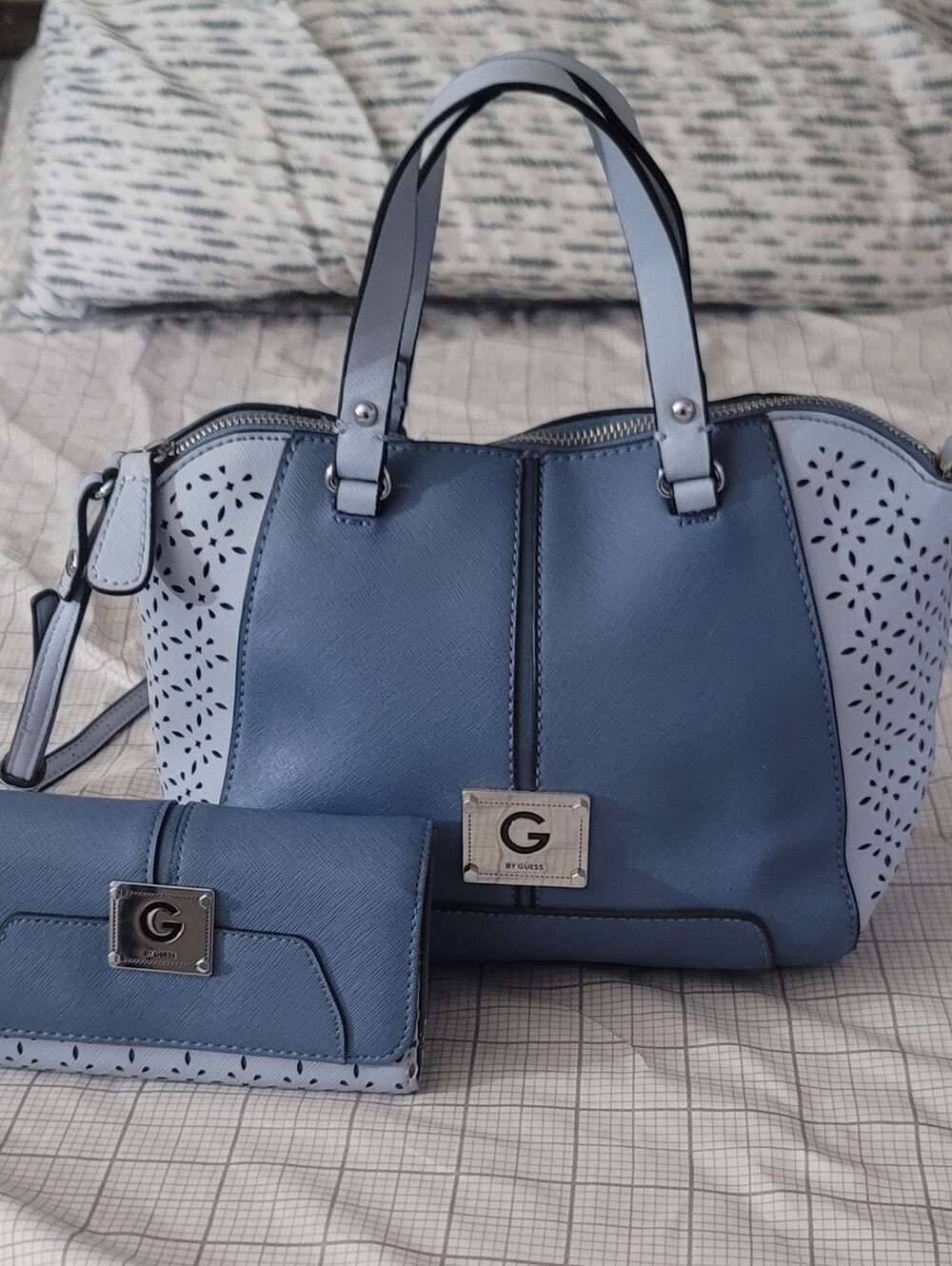G by Guess Two-Tone Blue Cutout Satchel with Matching Wallet
